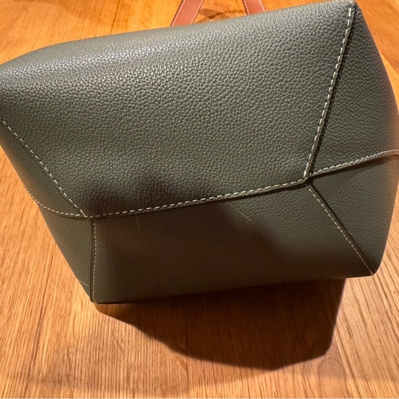 Steel Blue and Brown Leather Tote Bag with Cosmetic Pouch - Picture 3 of 12